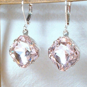 Blush Pink Rhinestone Bridesmaid Dangle Earrings, Art Deco Square Pink Crystal Silver/Gold Drop Bridal Earrings, Wedding Jewelry Gifts