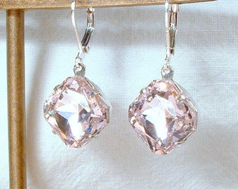 Blush Pink Rhinestone Bridesmaid Dangle Earrings, Art Deco Square Pink Crystal Silver/Gold Drop Bridal Earrings, Wedding Jewelry Gifts