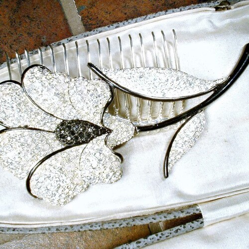 1940s Art Deco Black & Clear Crystal Bridal Hair Comb OR Brooch,Pave Rhinestone Large Flower Pin/Headpiece Vintage Wedding 1920s Head retailer Piece