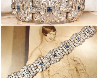 Vintage Art Deco WIDE Navy Sapphire Rhinestone Bracelet,1920s Wedding Silver Paste Link Bridal Something Blue Old Crystal 1930s Antique Gift
