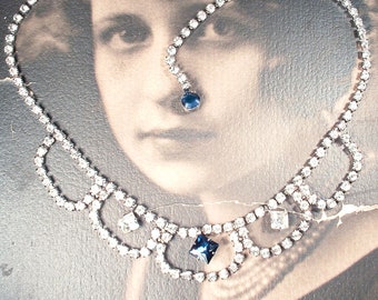 Vintage NAVY Saphir Strass Halskette, 1940er Jahre Old Hollywood Art Deco Glam Silber Swag Braut Choker, Vintage Hochzeit Etwas Altes Blau
