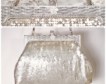 PRISTINE Whiting & Davis Art Deco Silver Mesh Rhinestone Bridal Purse,Flapper Evening Bag, Vintage Wedding Old Hollywood Glam Handbag 1940s