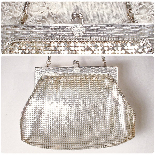 PRISTINE Whiting & Davis Art Deco Silver Mesh Rhinestone Bridal Purse,Flapper Evening Bag, Vintage Wedding Old Hollywood Glam Handbag 1940s