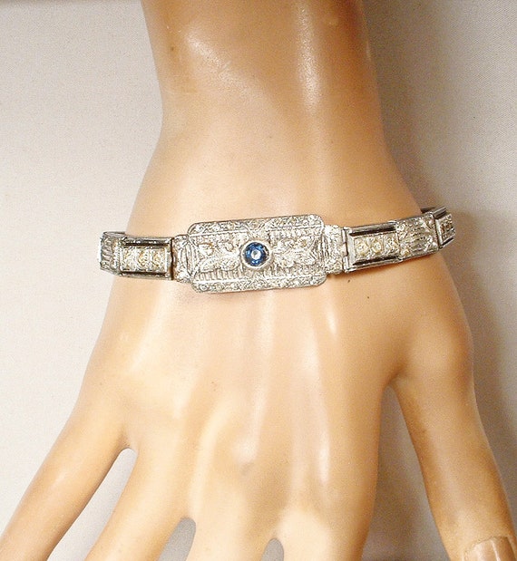 ANTIQUE Art Deco Sapphire Rhinestone Bracelet,Tru… - image 6