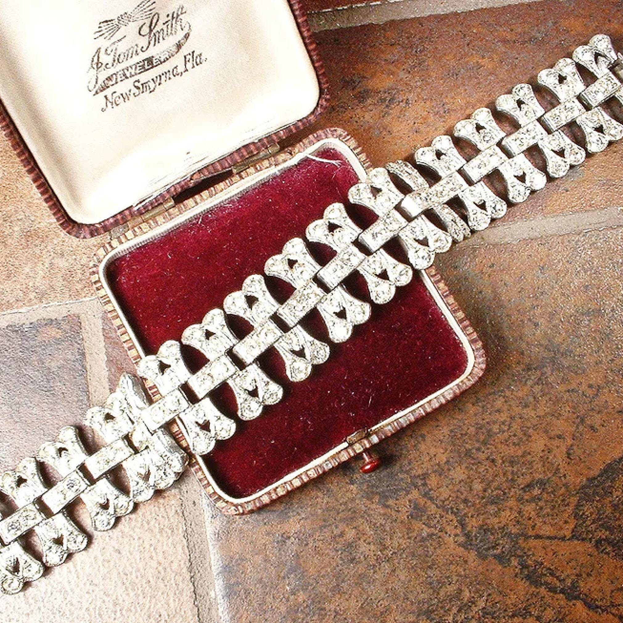 Vintage 1930s Art Deco Bracelet, Silver Rhinestone Wide Flapper