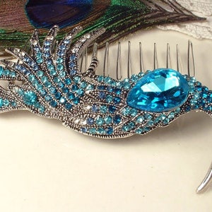 Turquoise Blue Rhinestone Peacock Bridal Hair Comb,Teal Aqua Bird Silver Brooch Large Headpiece Art Deco Jeweled Hairpiece Wedding Accessory image 4