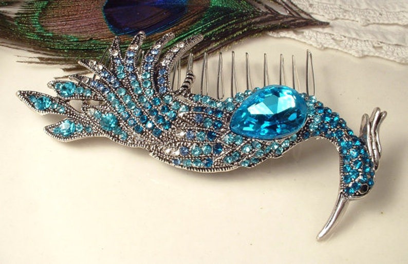 Turquoise Blue Rhinestone Peacock Bridal Hair Comb,Teal Aqua Bird Silver Brooch Large Headpiece Art Deco Jeweled Hairpiece Wedding Accessory image 4