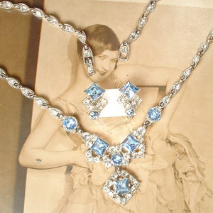 PRISTINE Vintage Ice/Light Blue BOGOFF Rhinestone Necklace/Earring SET,1940s Art Deco Silver Something Old Bridal Wedding Choker Clip On image 2