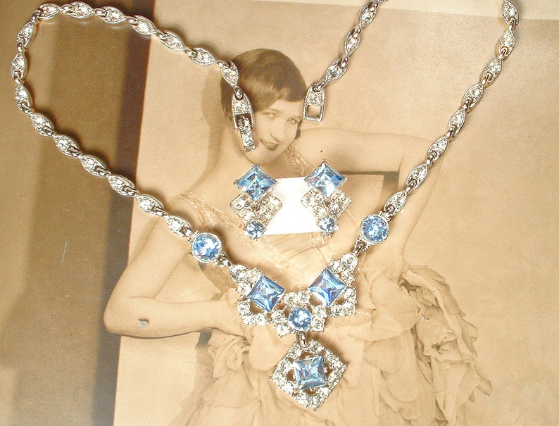 PRISTINE Vintage Ice/Light Blue BOGOFF Rhinestone Necklace/Earring SET,1940s Art Deco Silver Something Old Bridal Wedding Choker Clip On image 2