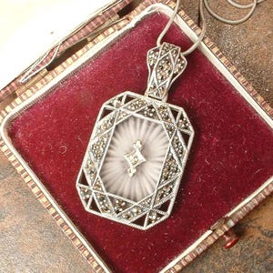 Vintage Art Deco DIAMOND Camphor Glass Marcasite Pendant Necklace,JuDiTH JaCK STeRLiNG SiLVeR Filigree Bridal 1920s Wedding JJ Designer Gift
