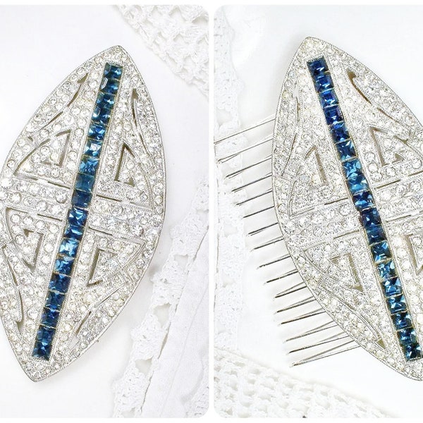 Vintage 1920s NAVY Bridal Hair Comb/Wedding Dress Sash Brooch Sapphire Blue Art Deco Paste Rhinestone Antique Gatsby Headpiece Head Piece