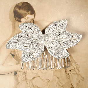ANTIK Art Deco/Nouveau Löv Brudhårskam/Brudklänning Skärp Bältesspänne, 1920-tals Flapper Trädgårdshuvudbonad, Silver Strass Vintage