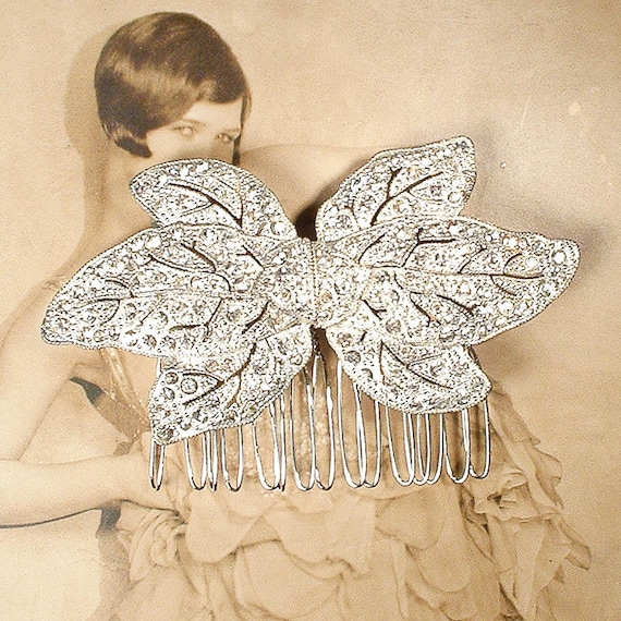 ANTIQUE Art Deco/Nouveau Leaf Bridal Hair Comb/Wedding Dress Sash Belt Buckle, 1920s Flapper Garden Headpiece, Silver Rhinestone Vintage