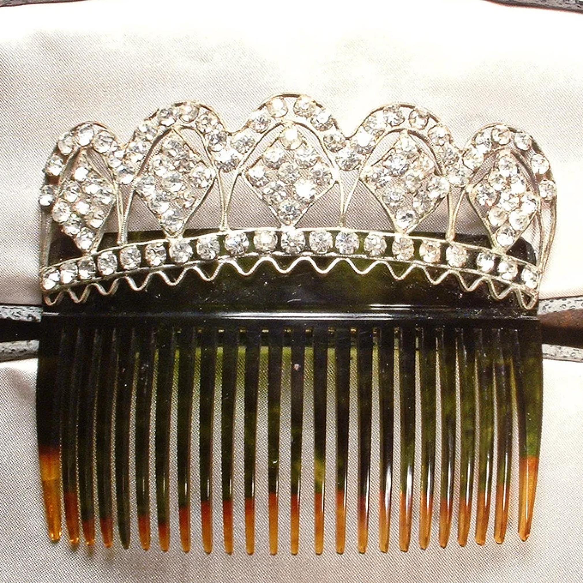 1920s Art Deco Celluloid Silver Rhinestone Hair Clip Comb Vintage Tortoise shell Vintage Art Deco Hair Comb. Faux tortoise shell celluloid. 6  main image 3