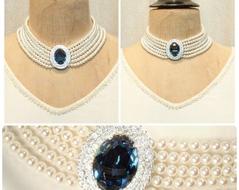 PRISTINE Sapphire Vintage Art Deco Rhinestone Pearl Bridal Choker Necklace, Multi Strand Ivory Blue Statement PRINCESS DIANA Bridal/Wedding