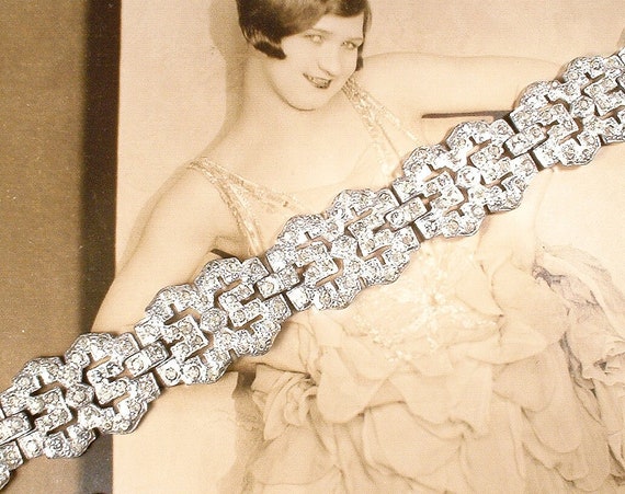 Antique 1920s Art Deco Bracelet, Clear Paste Rhin… - image 3