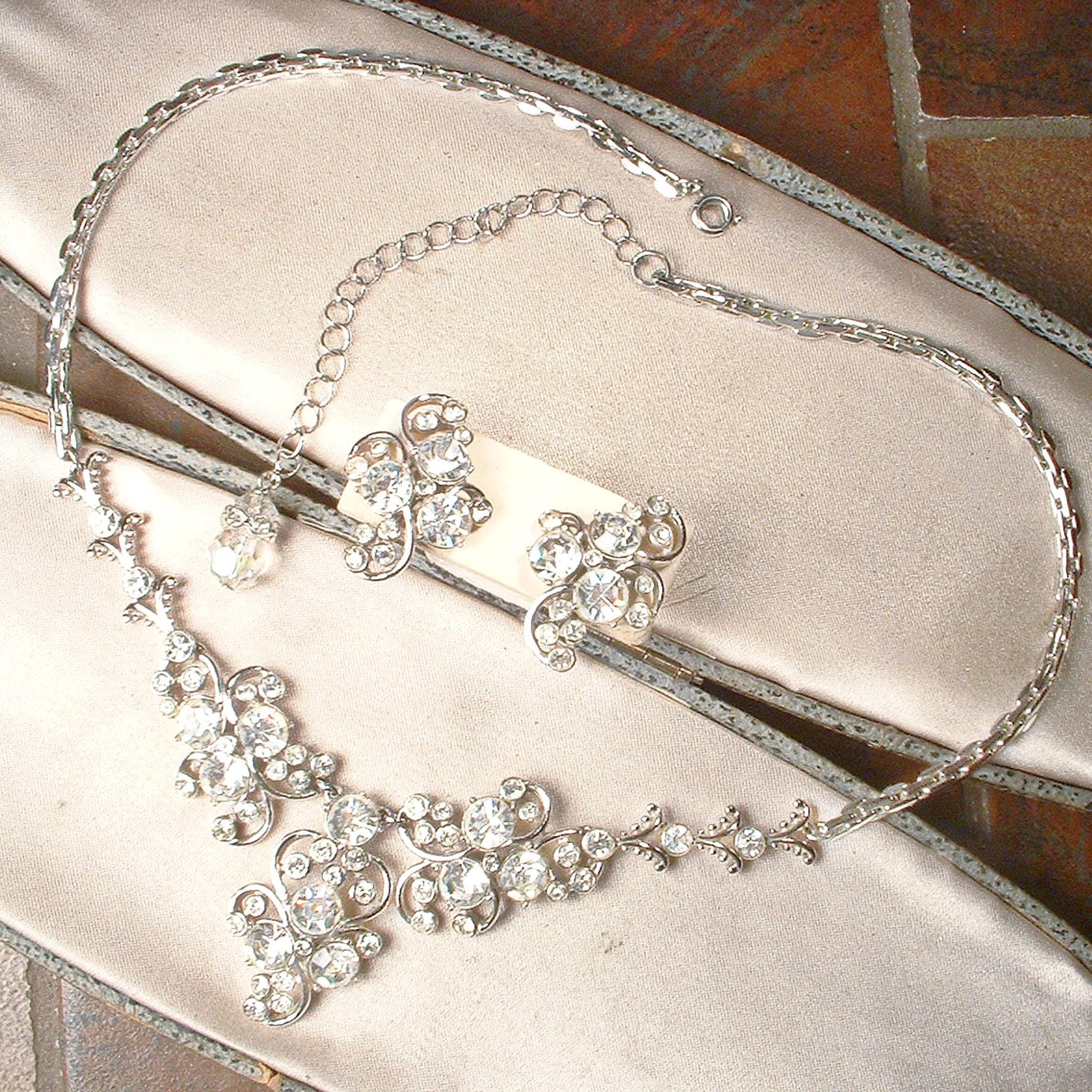 Vintage 1940s Rhinestone Necklace/earrings Set, ORA Art Deco