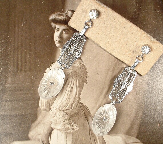 Art Deco Vintage Camphor Glass Dangle Earrings, A… - image 8