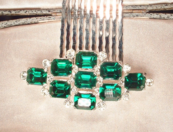 OOAK Vintage Art Deco Emerald Bridal Hair Comb/Dr… - image 5