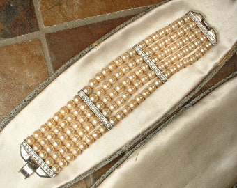 Vintage CAROLEE Champagne Ivory Glass Pearl Bracelet,Rhinestone Silver Multi Strand Bridal Old Hollywood Statement,Wide 1920 Wedding Cuff