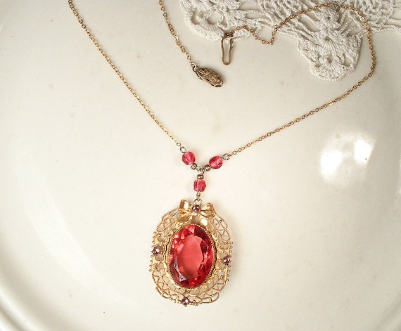 Antique Pink Glass Crystal Filigree Necklace, Vau… - image 8