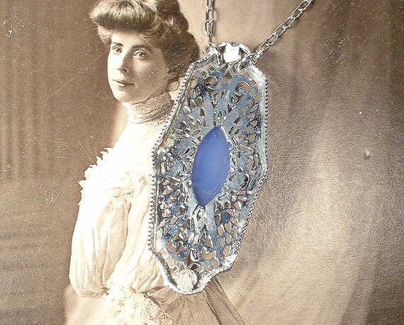 ANTiQue 1930s Art Deco Blue Chalcedony Gem Silver… - image 8