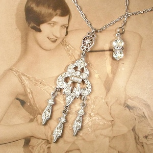 ANTiQue 1920er Jahre Strasssteinkette Art Deco, Strassanhänger Französische Paste Silberanhänger Kronleuchter Vintage 1930er Hochzeit Gatsby Brautschmuck Abtei