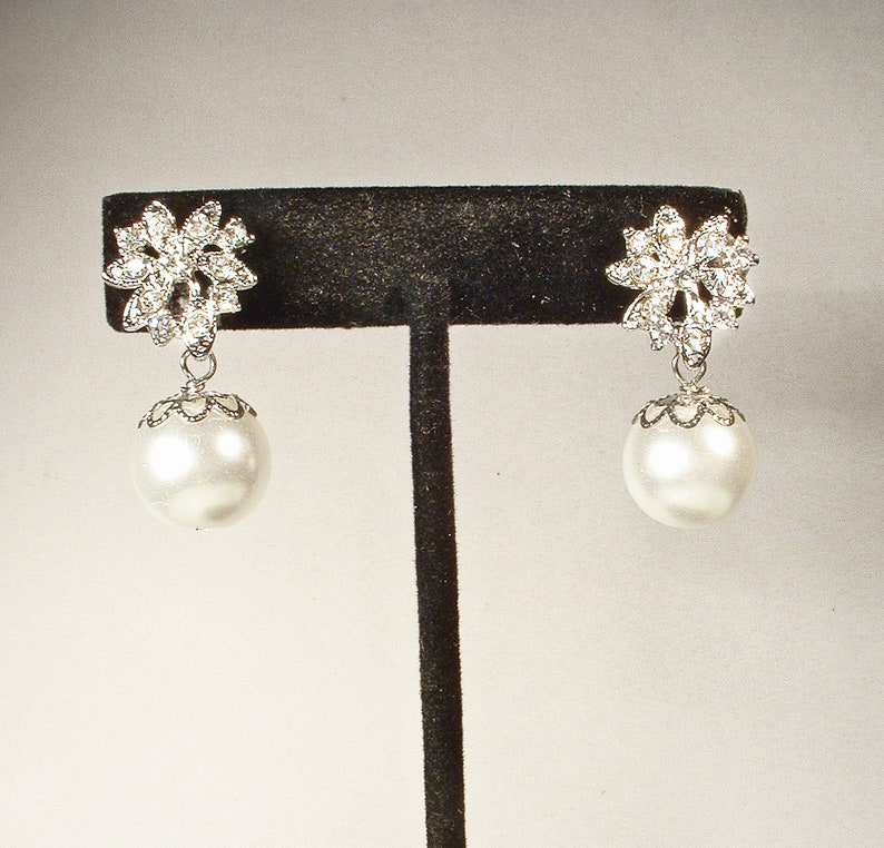 Art Deco Off White/Ivory Pearl Dangle Earrings, Glass Pearl Ball Rhinestone Silver Floral Bridal Drop, 1920s Wedding Jewelry Bridesmaid Gift image 2