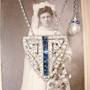 ANTiQue Navy Art Deco Necklace,Silver Sapphire Rhinestone Pendant,1920s Vintage Wedding/Bridal  Dress/Fur Clip Gatsby Flapper Something Blue