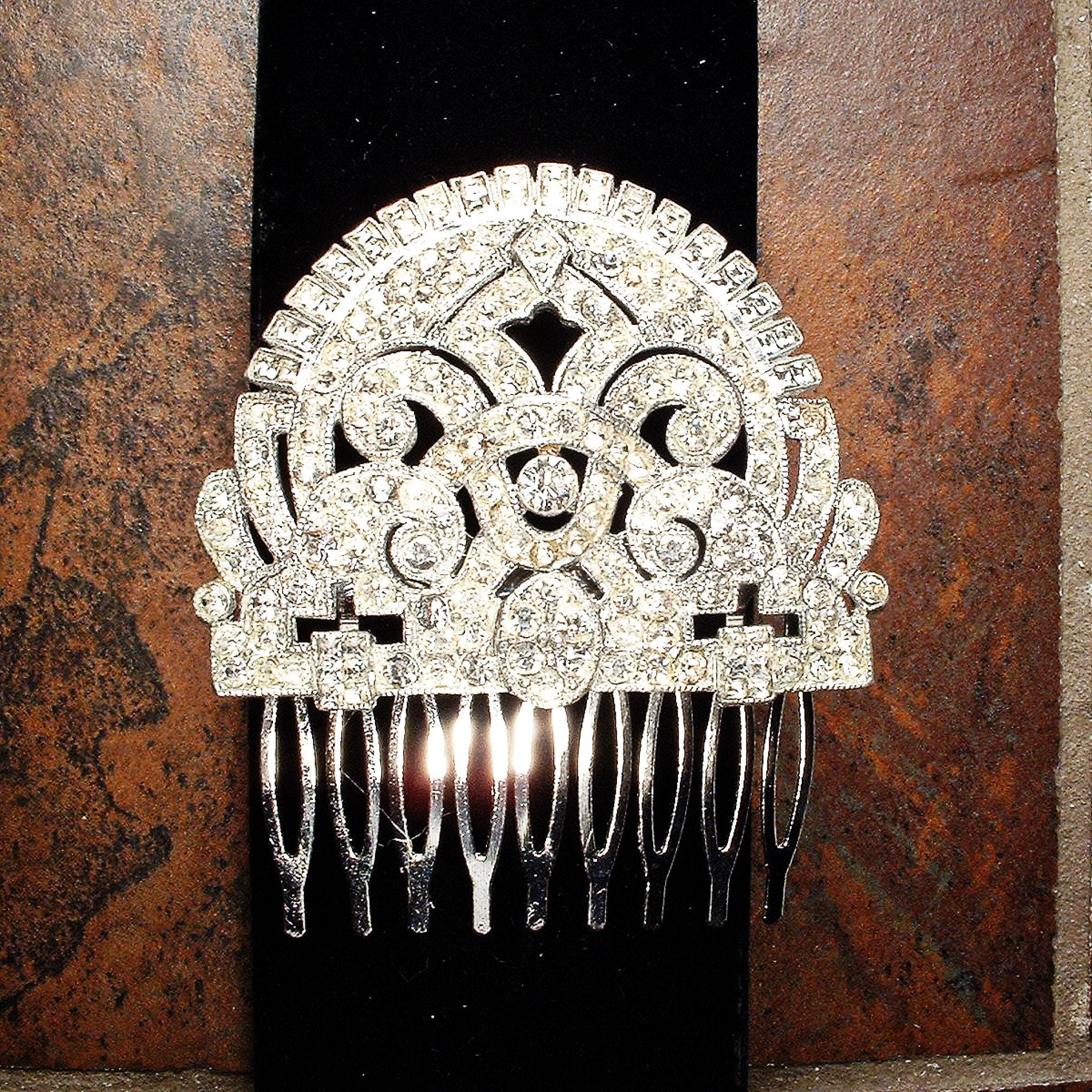 Vintage, Lot of 3 Rhinestones Hair Clips or Haircombs Vintage 1950s Pair Deco Silver Rhinestone Geometric Hair  main image 2