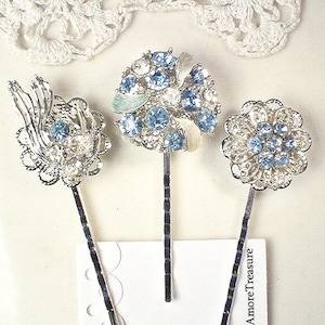1 Rhinestone Silver Vintage Bridal Hair Pin, Powder Light Dusty Blue Bobby Pin Hair Clip, Bridesmaid/Wedding Something Old Blue Shower Gift