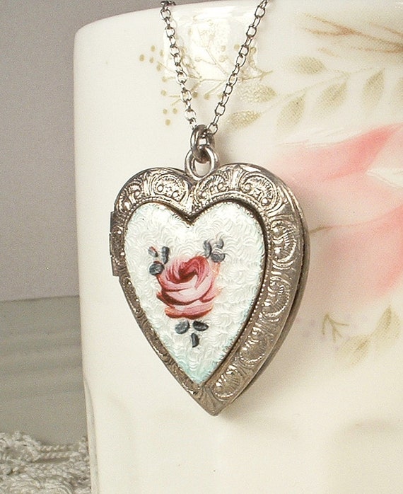 ANTIQUE 1920s Guilloche Rose Heart Necklace,STERL… - image 4