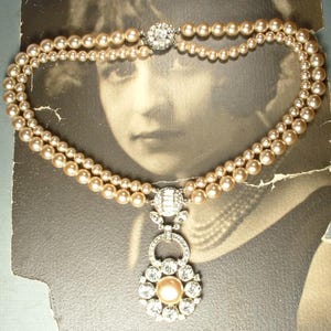 Vintage Champagne Ivory Glass Pearl Rhinestone Necklace, Art Deco 1920s Bridal/Wedding Two Strand Pendant Statement Old Hollywood Glam 1940s