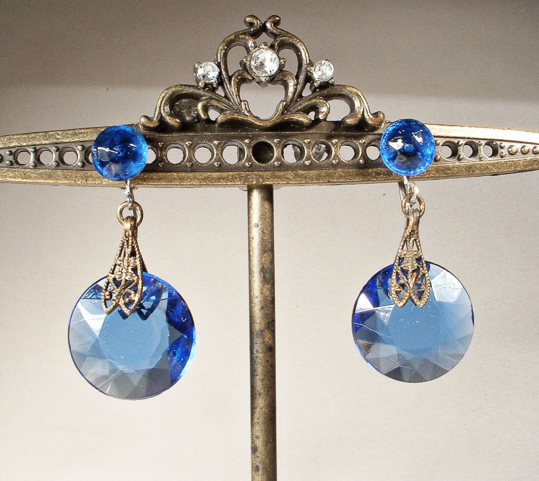 Antique Sapphire Blue Crystal Earrings,art Deco Czech Glass