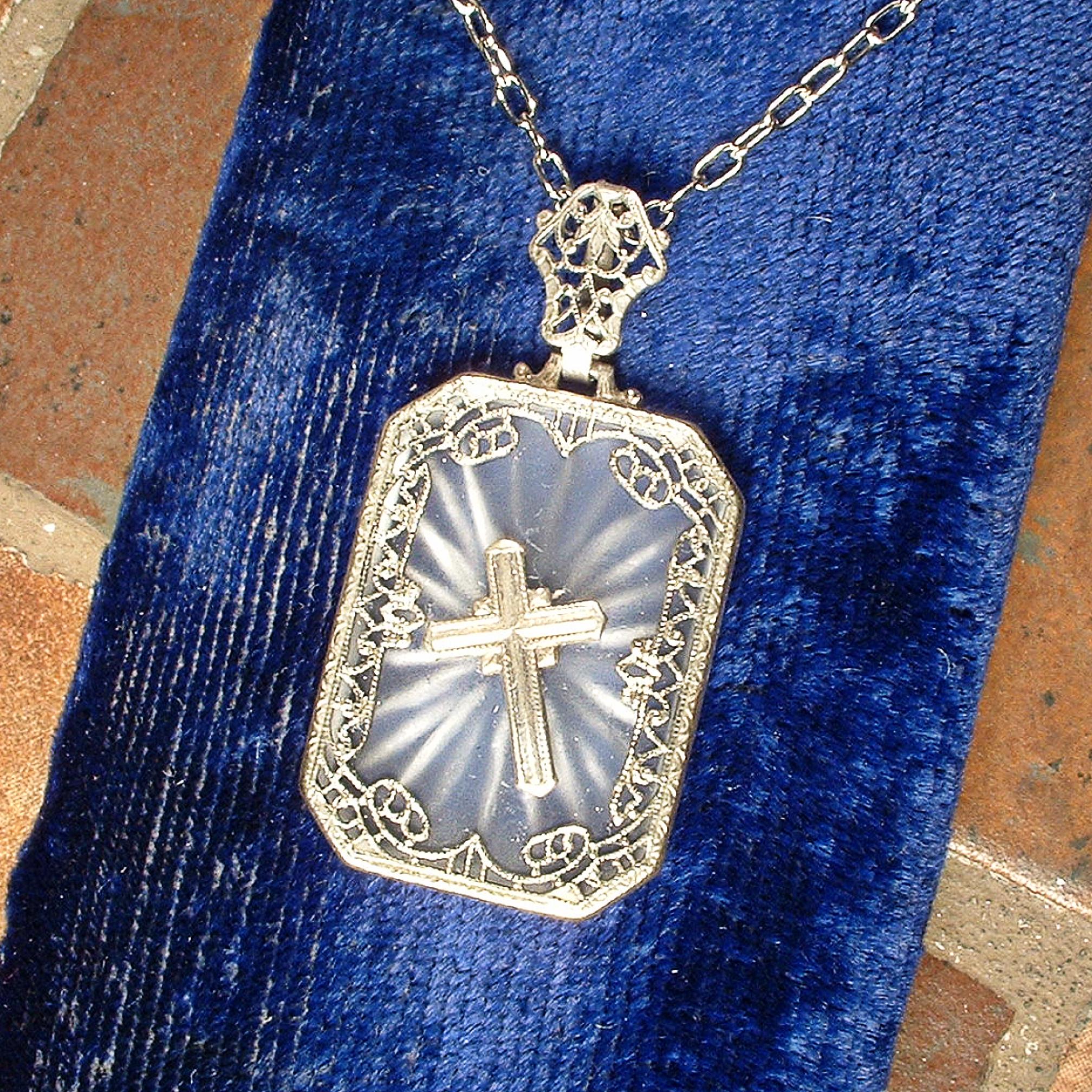1920s Vintage Cross Camphor Glass Necklace, Antique Art Deco