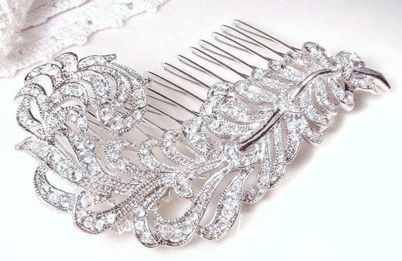 Art Deco KJL Feather Brooch/Hair Comb,Vintage Rhi… - image 6