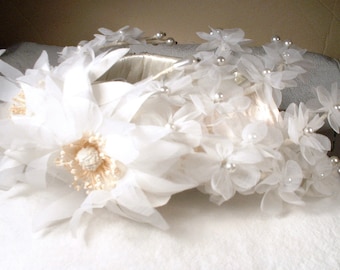 Vintage Millinery Flower Pearl Bridal Headpiece, Ivory Silk Vintage Wedding Fascinator Crown Veil Tiara Wreath Hairpiece, Romantic Hat 1950s