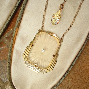 Vintage Art Deco Camphor Glass Necklace, Gold Pendant 1920s Wedding/Bridal Edwardian Something Old