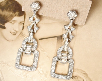 ANTiQue 1930s Art Deco Paste Rhinestone Flapper Earrings,Long Dangle Drop Downton Abbey Gatsby Bridal 1920s Wedding Screw On/Posts Geometric