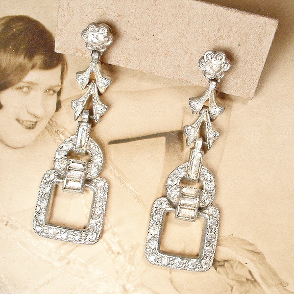 ANTiQue 1930s Art Deco Paste Rhinestone Flapper Earrings,Long Dangle Drop Downton Abbey Gatsby Bridal 1920s Wedding Screw On/Posts Geometric