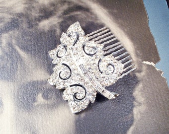 OOAK Vintage Art Deco Leaf HaiR CoMB, Paste Rhinestone Brooch Bridal Headpiece, Something Old 1940s Wedding Silver Hairpiece 1940s Autumn