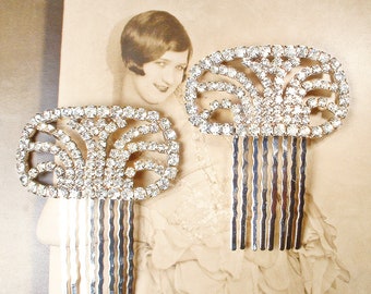 Vintage Art Deco Bridal Hair Comb 1/PAIR, Silver Flapper Rhinestone Headpiece Vintage 1920s Wedding Dress Clip Head Piece,Roaring 20s Gatsby