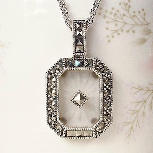 Vintage Art Deco Camphor Glass Marcasite Necklace, JUDITH JaCK STeRLiNG SiLVeR Pendant Rhinestone Bridal 1920s Wedding JJ PRISTINE Gift