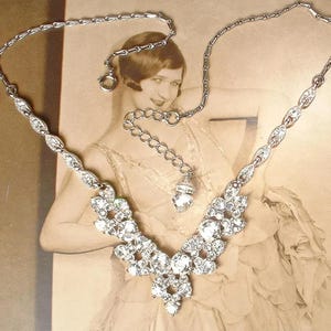 Vintage 1940s Art Deco Necklace, Silver Rhinestone Bridal Choker, Lacy Crystal 1920s Great Gatsby Wedding Something Old Gift Designer BOGOFF