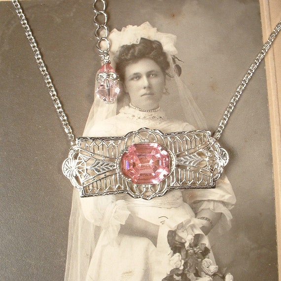 OOAK Antique Pink Crystal Rhinestone Silver Rhodi… - image 8