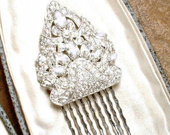 ANTIQUE 1930s Rhinestone Bridal Hair Comb, Art Deco Glam Something Old 1920s Head Piece Vintage Wedding Silver Headpiece Hairpiece Clip