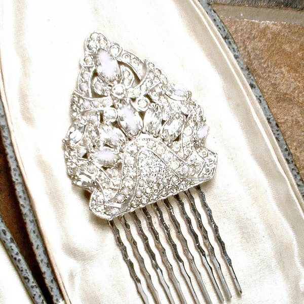 ANTIQUE 1930s Rhinestone Bridal Hair Comb, Art Deco Glam Something Old 1920s Head Piece Vintage Wedding Silver Headpiece Hairpiece Clip