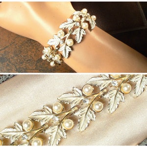 EXCELLENT Vintage Gold Pearl Leaf Bracelet, Wedding Ivory Pearl Rhinestone, Wide Link Statement 1950s 1960s Designer Judy Lee Modern Autumn