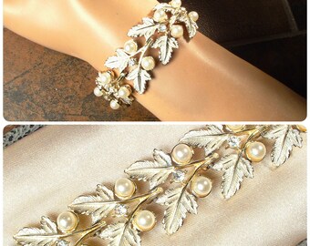 Vintage Gold Pearl Leaf Bracelet, Wedding/bridal Ivory Pearl