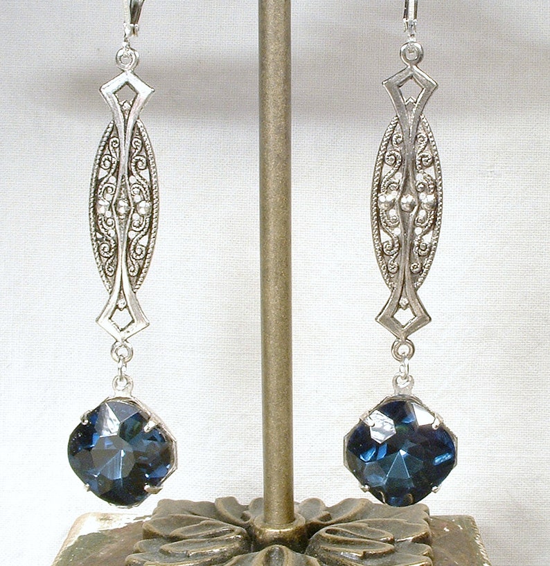 Art Nouveau/Deco Sapphire Earrings, 1920s Navy Blue Rhinestone Long Dangle Earrings, Antique Silver Vintage Bride Bridesmaid Gatsby Wedding image 3